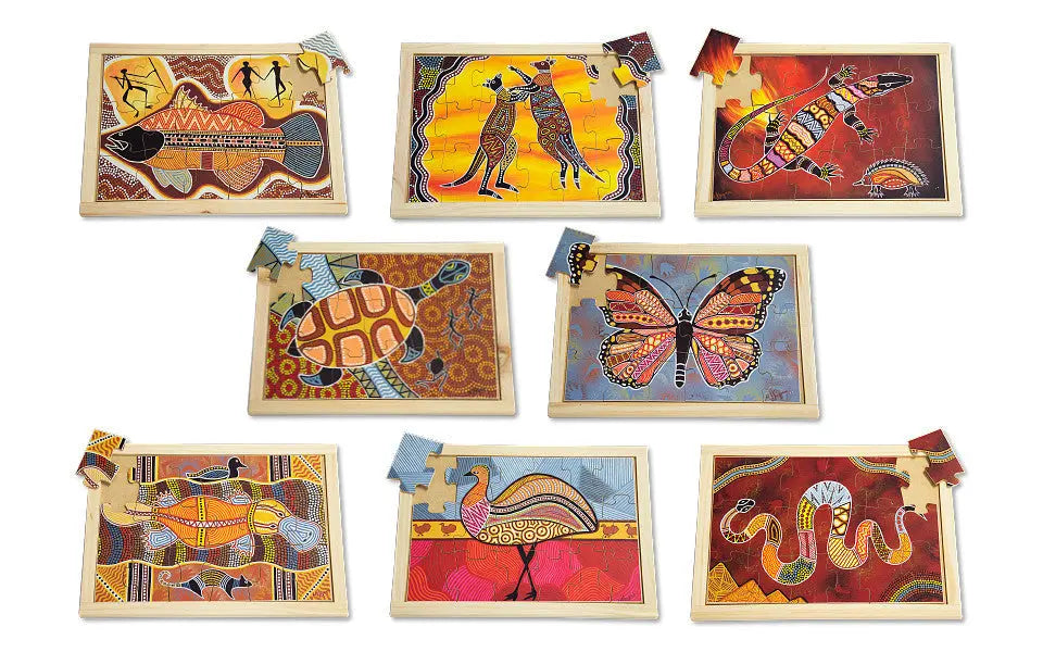 Large Aboriginal Art Style Puzzle Set with FREE Posters 8 Puzzles — Australian-made Indigenous wooden puzzles
