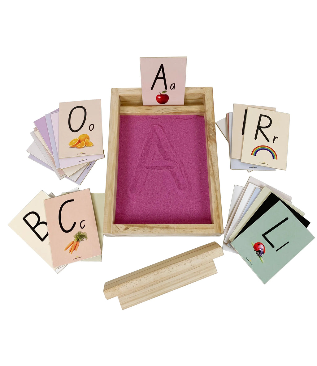 Letters and Numbers Sand drawing Game — close-up of sand tray and tracing cards