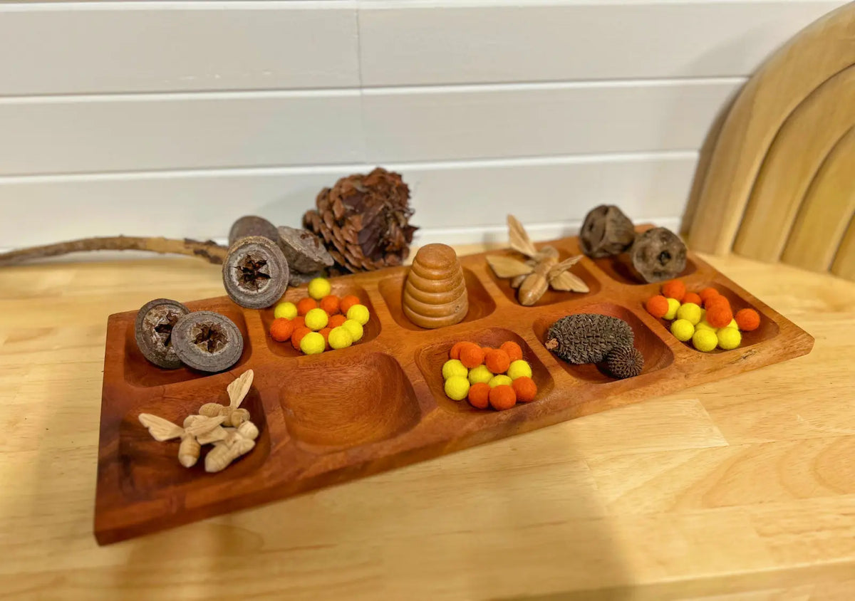 Mahogany Sorting Tray 10 Compartments — 10-compartment wooden sorting tray for early childhood maths