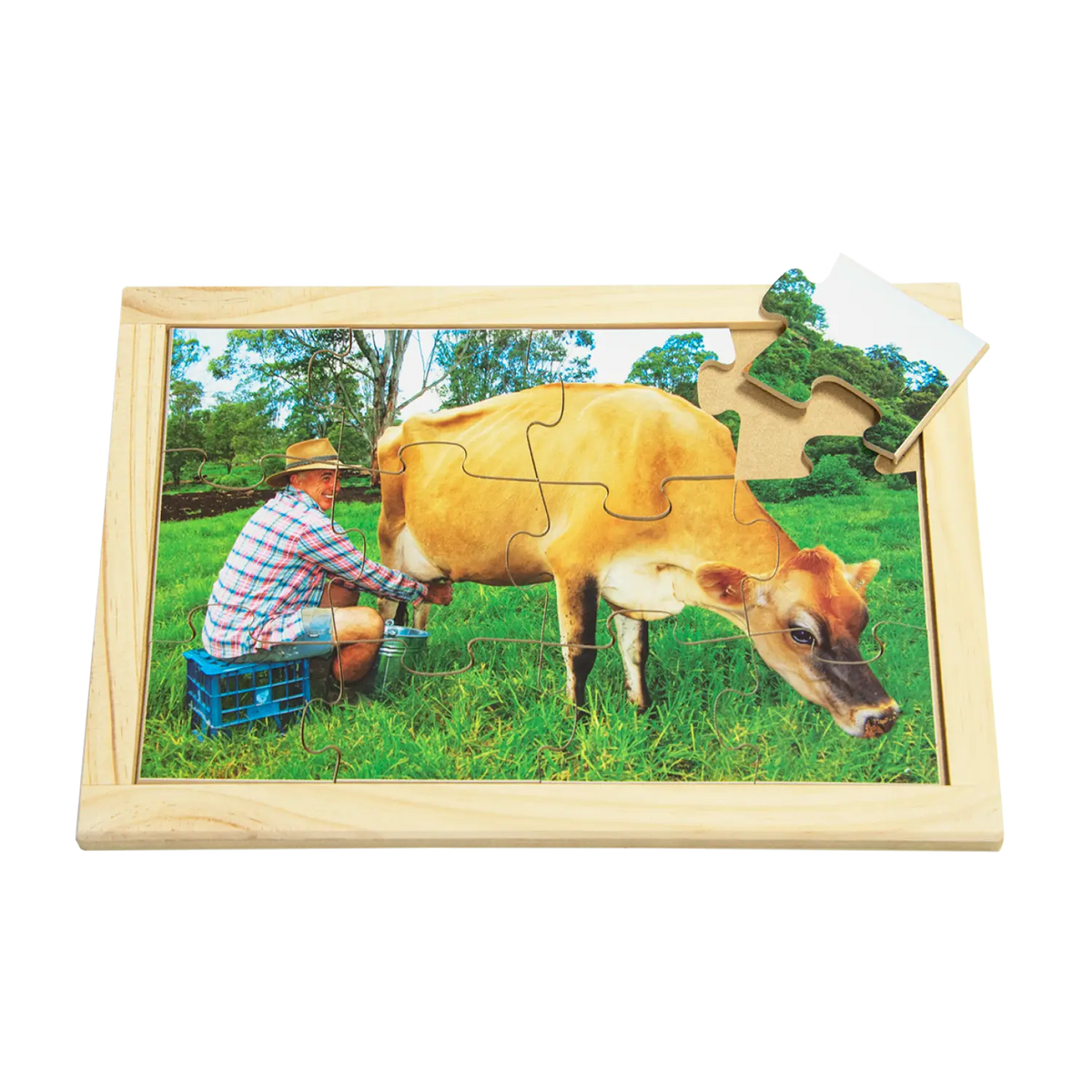 Milking Cow Farm Puzzle — hand-painted wooden jigsaw puzzle — Australian-made farm animals learning resource