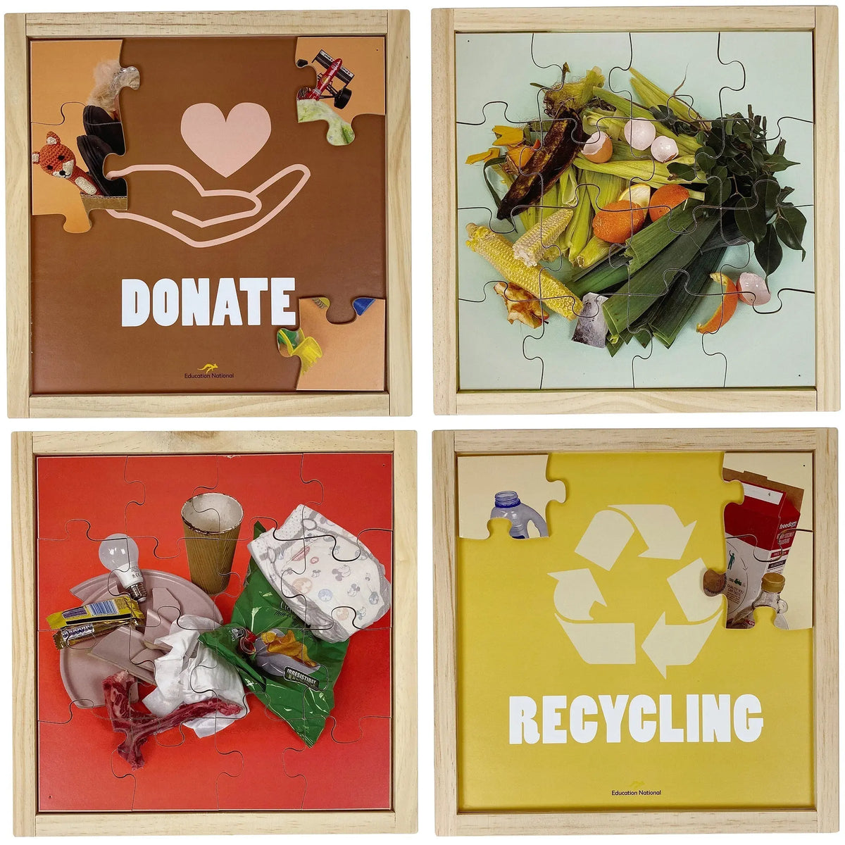 Minimise Waste Awareness Puzzles Set of 4 — Australian-made wooden puzzles set on waste reduction for early learning