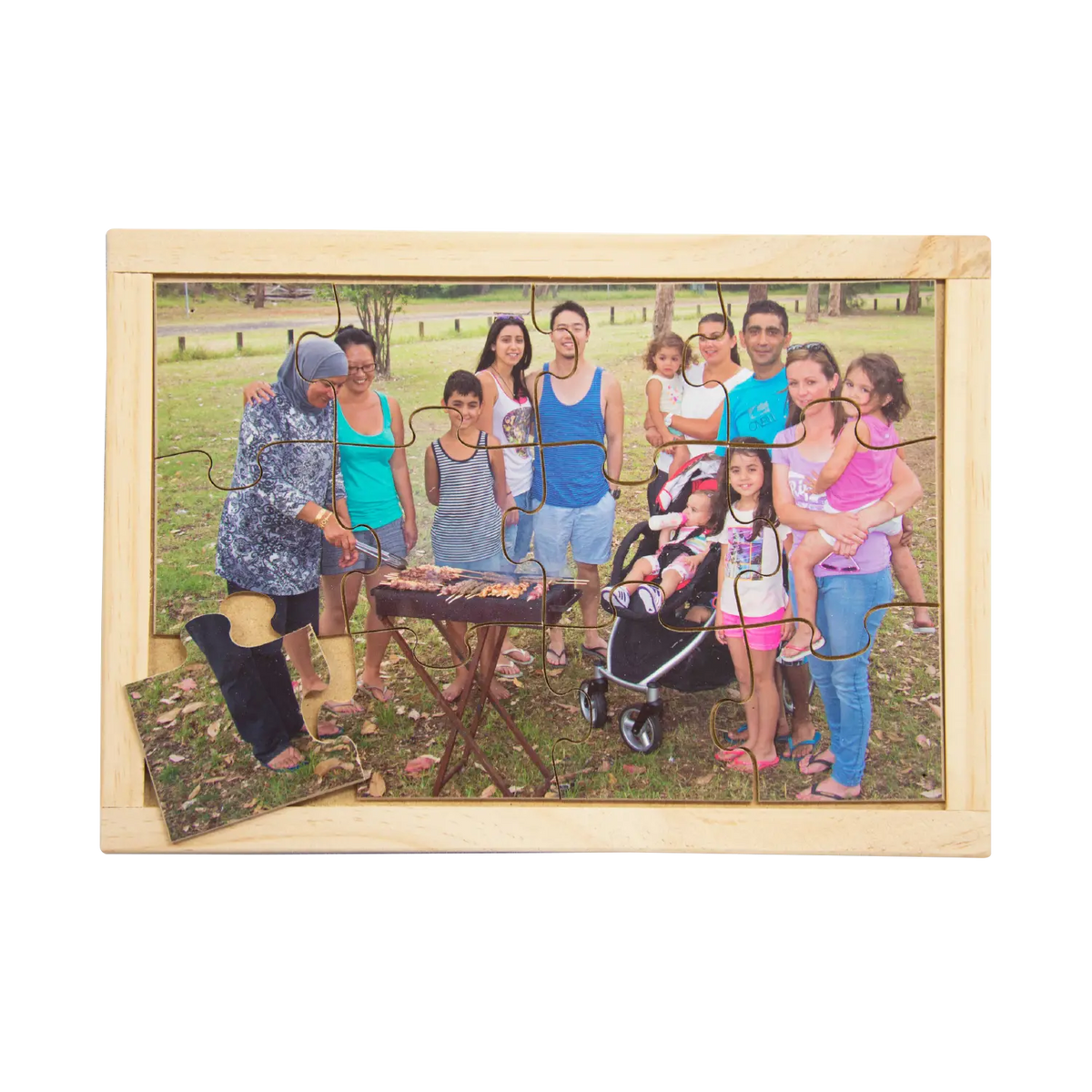 Multicultural Family BBQ Puzzle — hand-painted wooden jigsaw puzzle — Australian-made multicultural resource