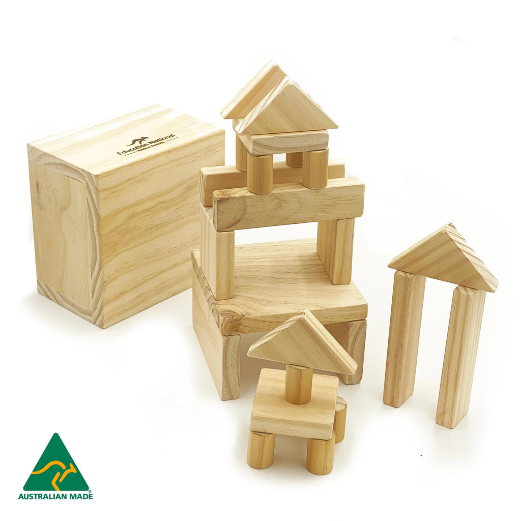 Natural blocks in a box — Australian-made natural wooden blocks set in storage box for early childhood