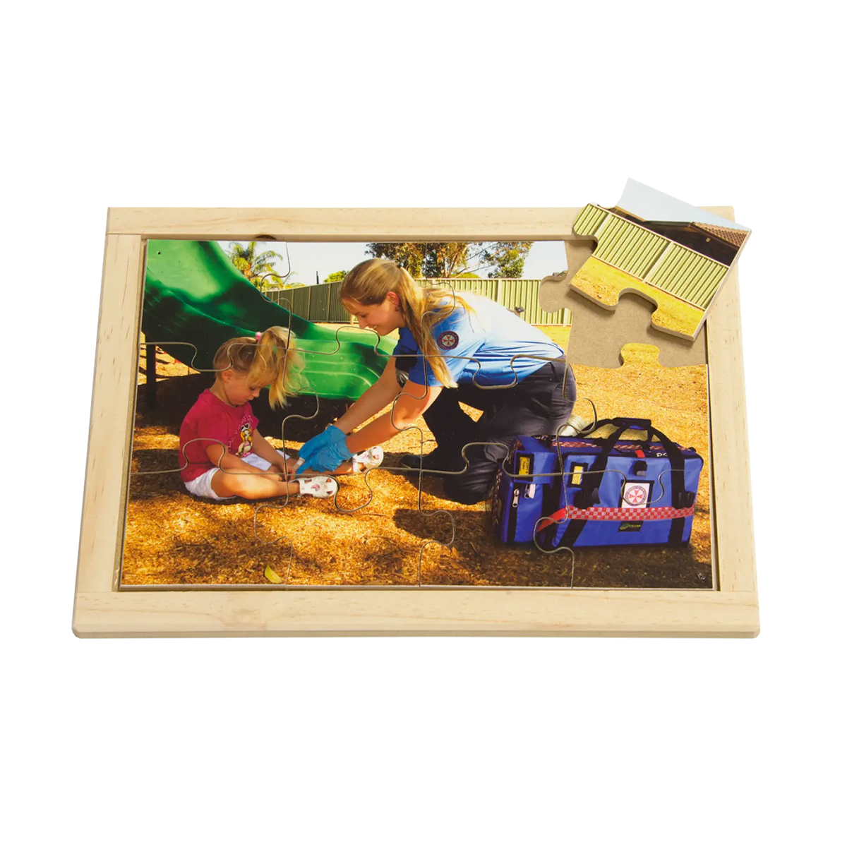 Paramedic Helping Child Puzzle — hand-painted wooden jigsaw puzzle — Australian-made emergency services resource