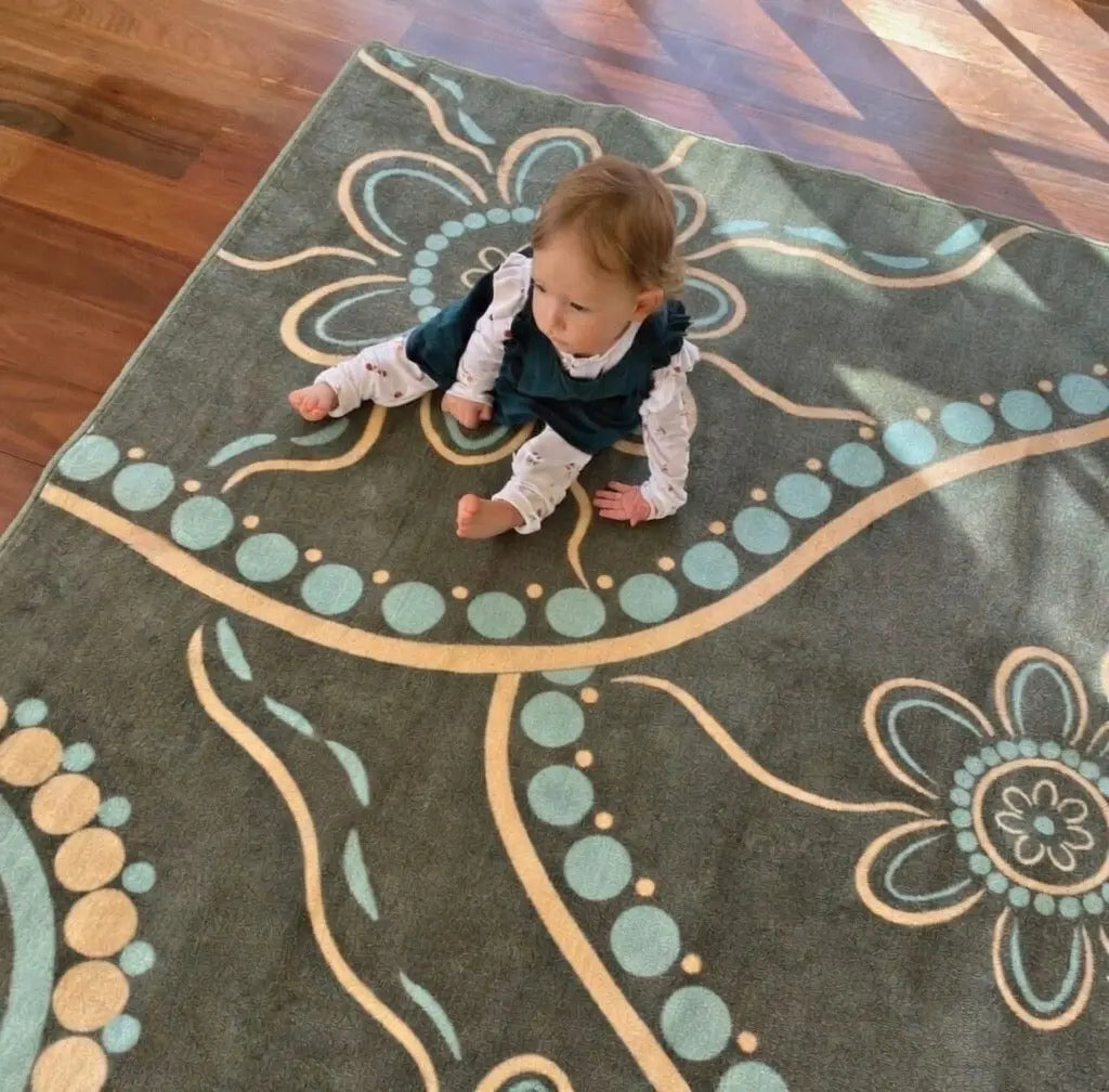 Aboriginal Eucalyptus rug full design view — beautiful Indigenous art eucalyptus design classroom rug for Australian early childhood settings