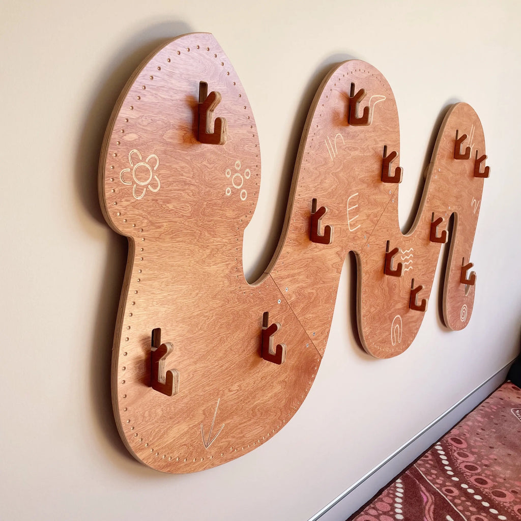 Wall Serpent Bag and Hat Hanger — Australian-made Aboriginal rainbow serpent wall-mounted bag and hat hanger for classrooms