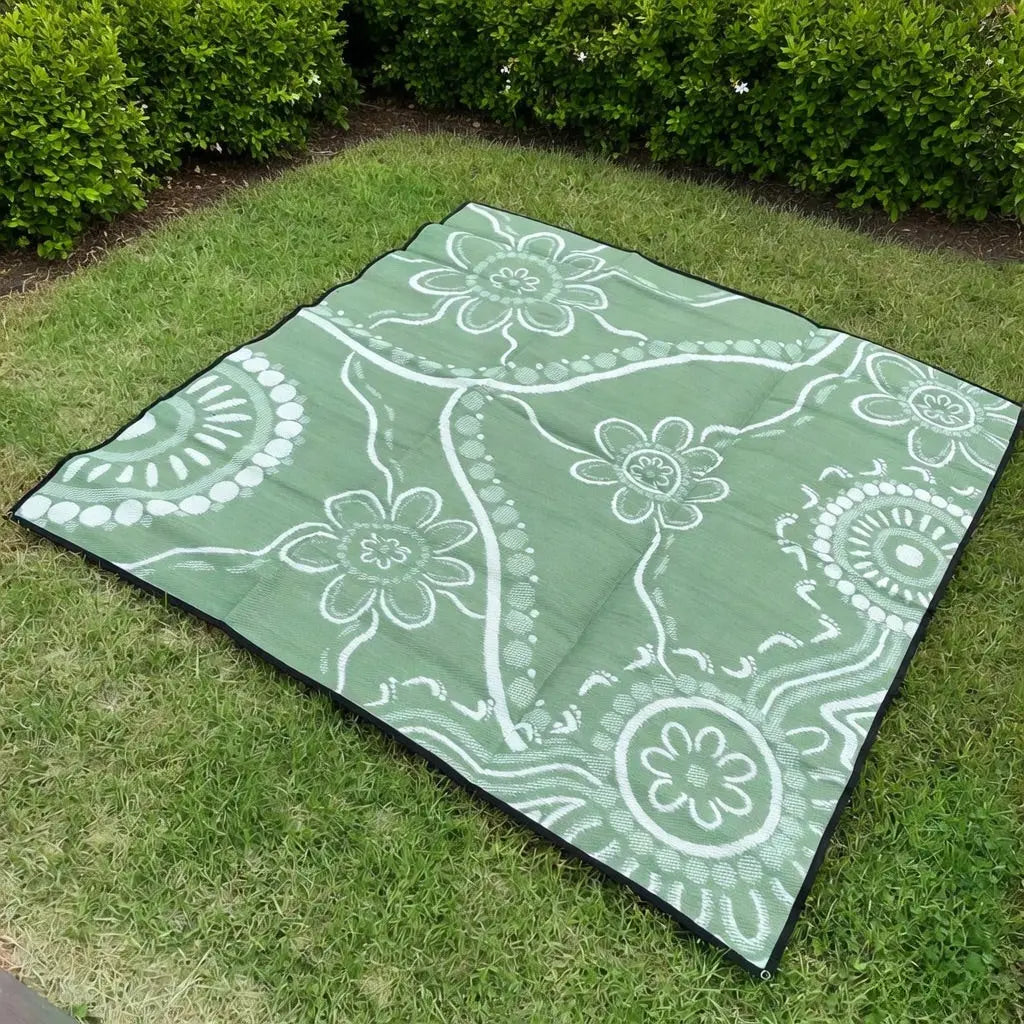 Indigenous Eucalyptus Outdoor Mat — eco-friendly Aboriginal art outdoor mat made from recycled water bottles for Australian school outdoor spaces