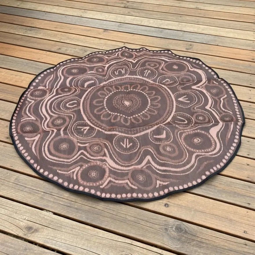 Yarning Circle Outdoor Mat full design view — beautiful Aboriginal art round mat, weatherproof and UV resistant for outdoor classrooms