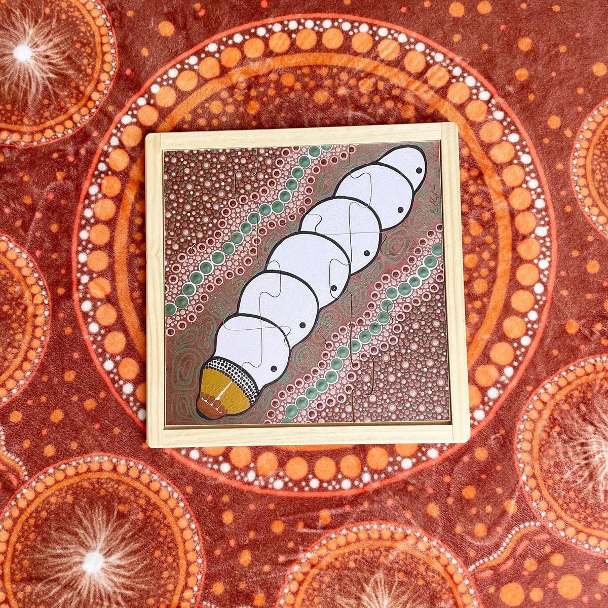 Aboriginal Art Witchetty Grub Puzzle — hand-painted wooden Indigenous bush tucker puzzle, EYLF-aligned, ages 3+