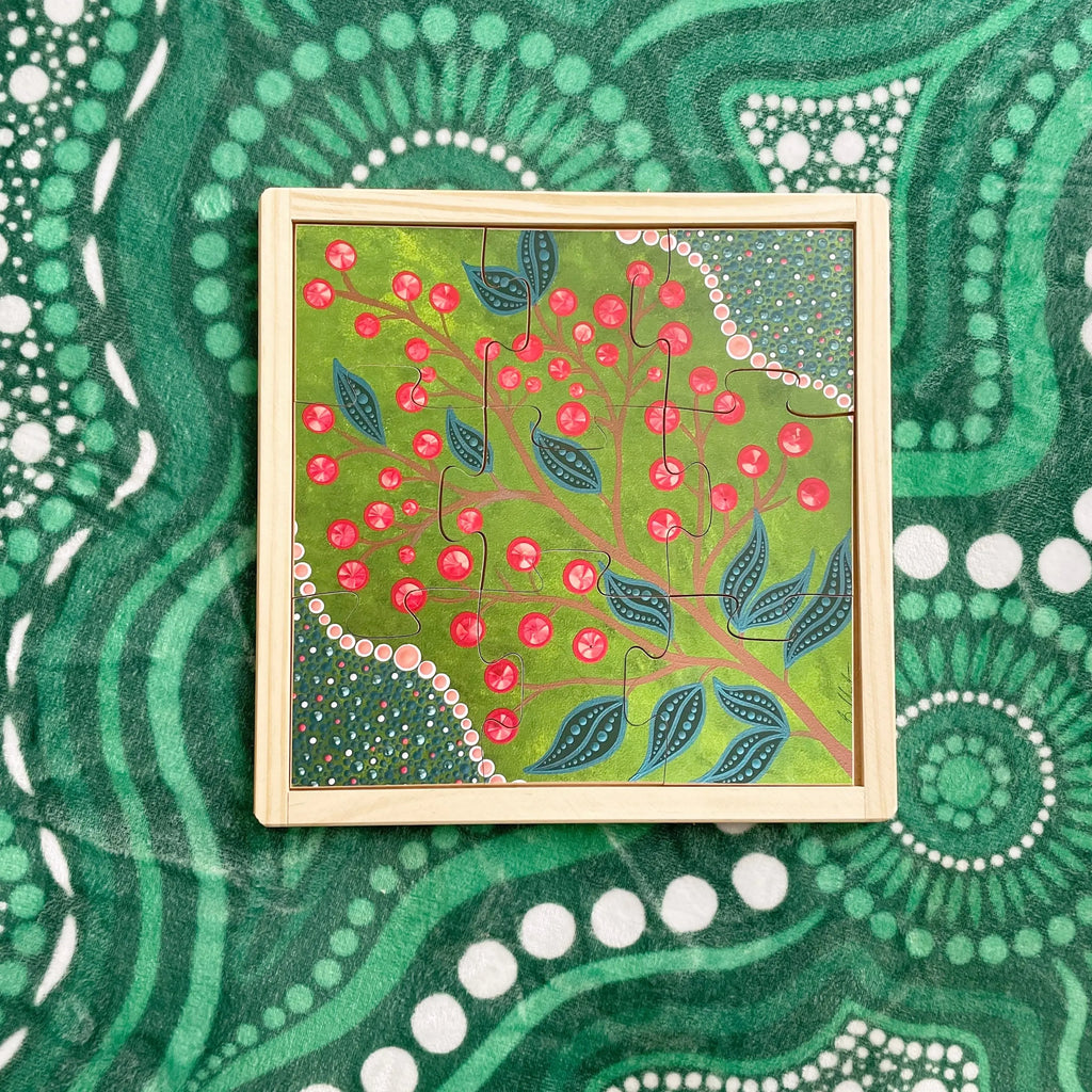 Aboriginal Art Bush Berries Puzzle — hand-painted wooden Indigenous bush tucker puzzle, EYLF-aligned, ages 3+