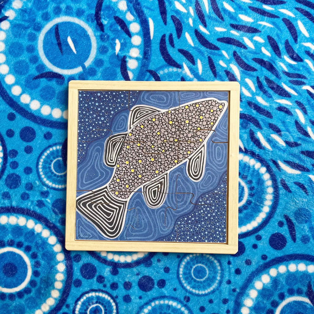 Aboriginal Art Barramundi Puzzle — Australian-made hand-painted Aboriginal art barramundi wooden puzzle, ages 3+