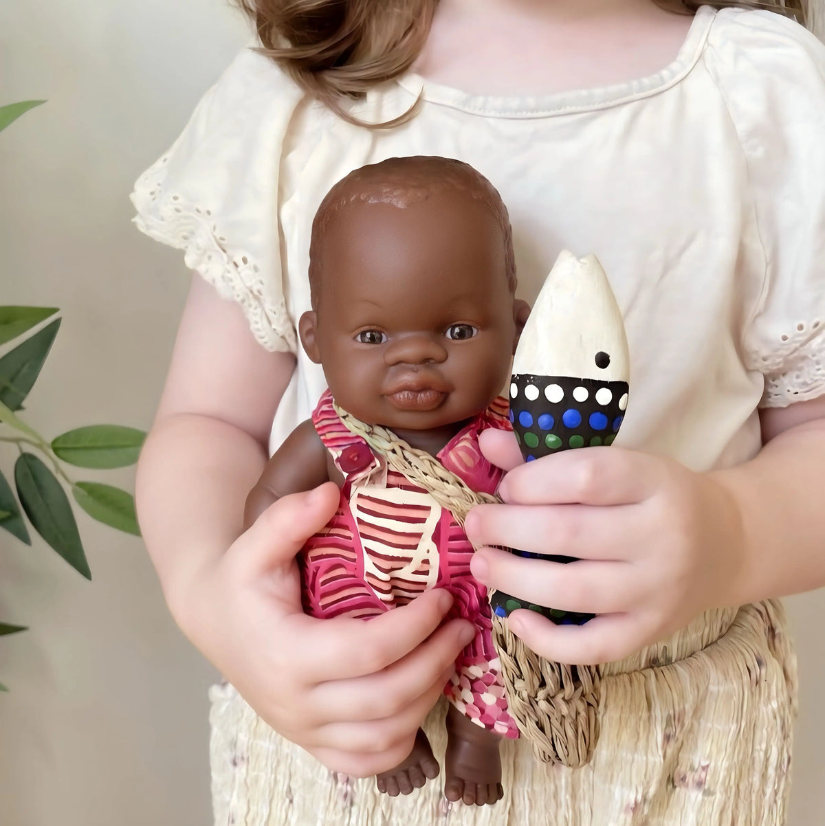 Aboriginal Australian Girl 21cm Baby Coolamon Set — 21cm girl doll with baby and coolamon for early childhood play