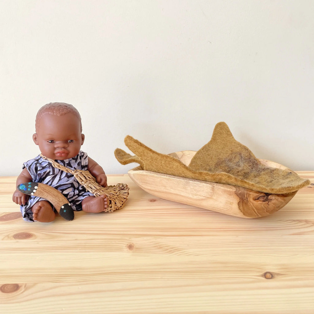 Aboriginal Australian Boy 21cm Baby Coolamon Set — set view including baby