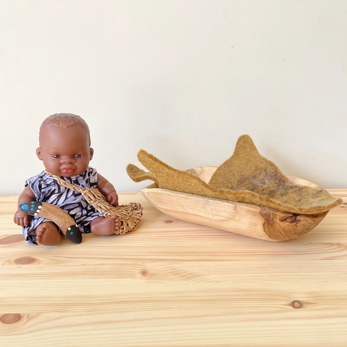 Aboriginal Australian Boy 21cm Baby Coolamon Set — set view including baby