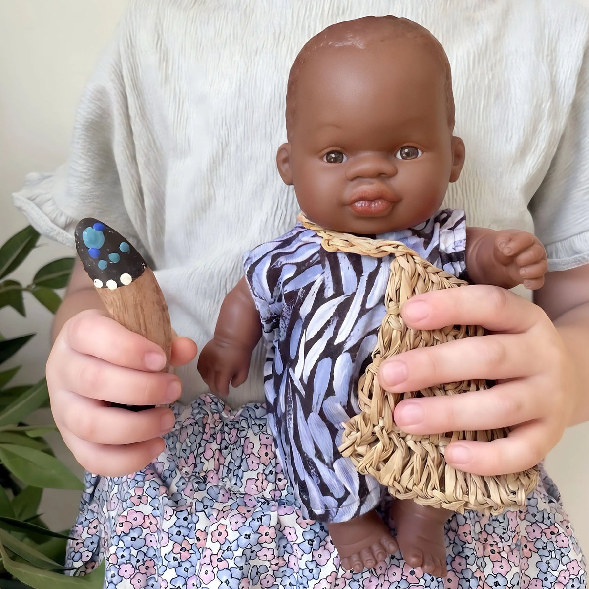 Aboriginal Australian Boy 21cm Baby Coolamon Set — 21cm boy doll with baby and coolamon for early childhood play