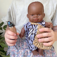 Aboriginal Australian Boy 21cm Baby Coolamon Set — 21cm boy doll with baby and coolamon for early childhood play