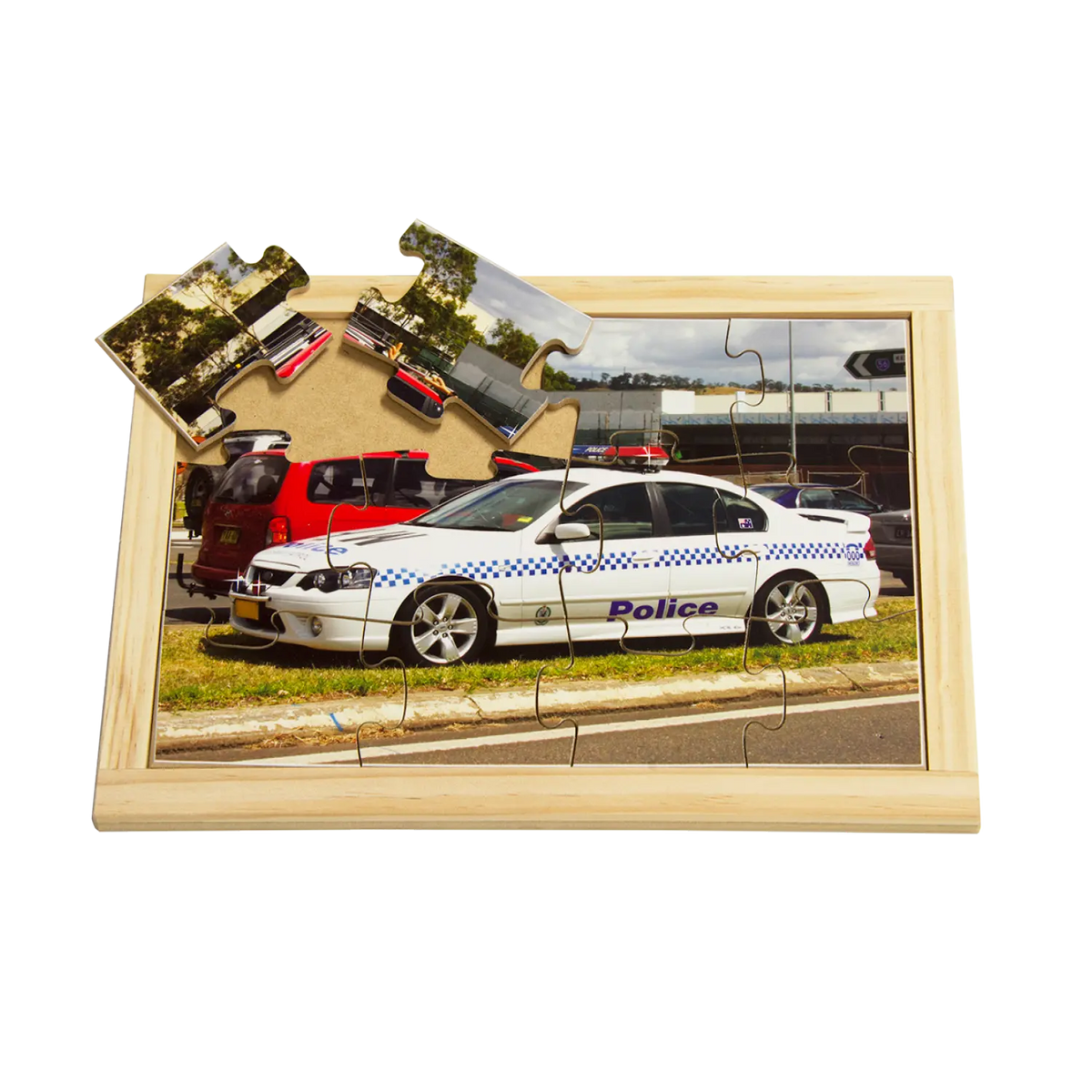 Police Car Puzzle — hand-painted wooden jigsaw puzzle — Australian-made emergency services learning resource