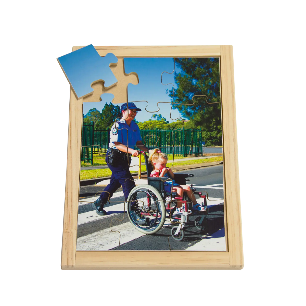 Police and Wheelchair Puzzle — hand-painted wooden jigsaw puzzle — Australian-made emergency services resource