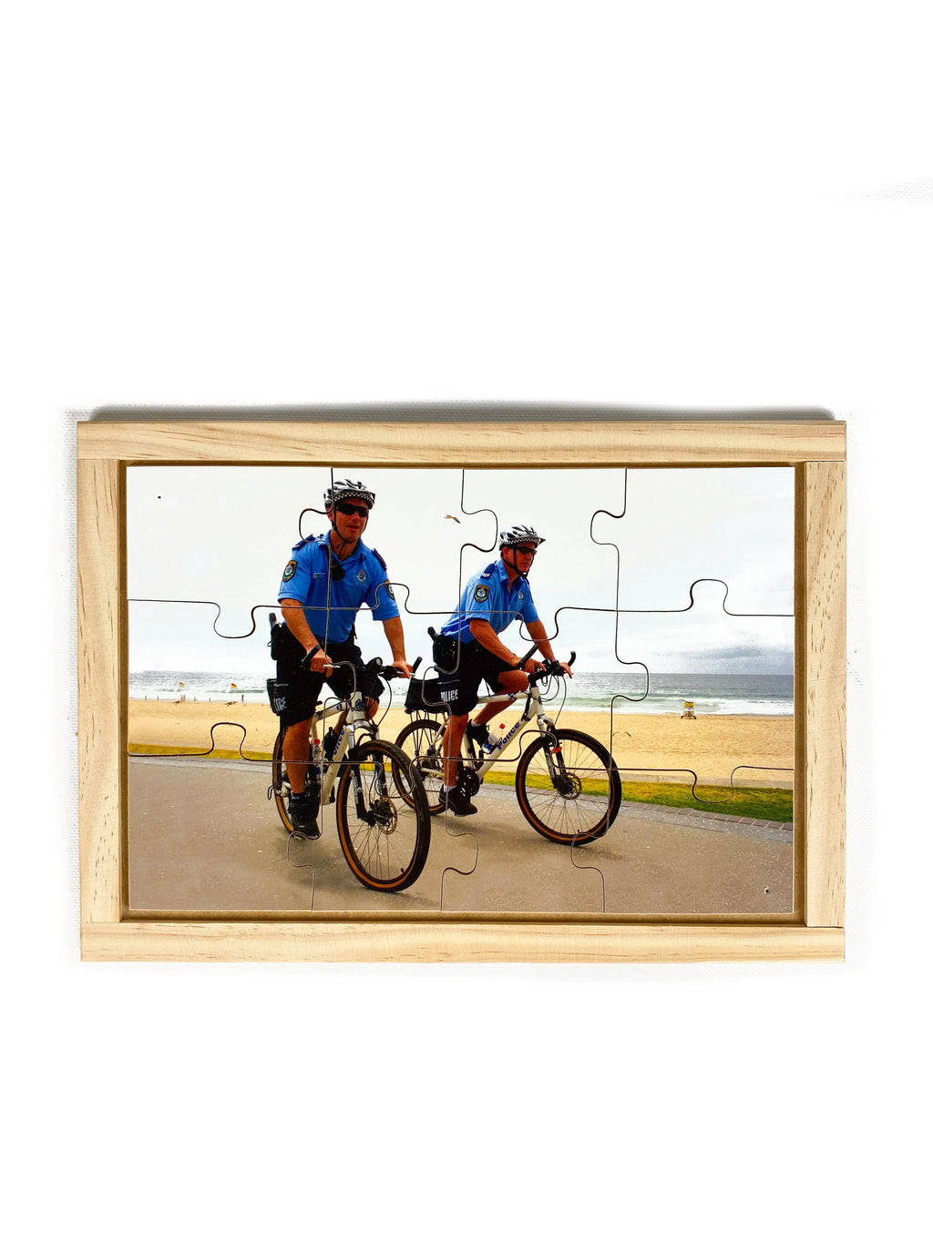 Police on Bicycles Puzzle — hand-painted wooden jigsaw puzzle — Australian-made early learning resource, ages 3+