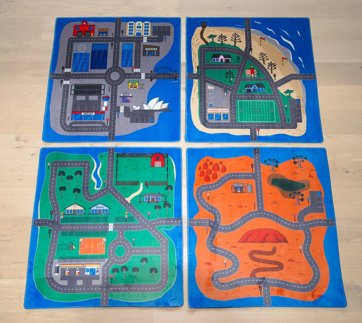 Australian Road Mat close-up showing Outback and City landscape designs — vehicles and community helpers activity rug for classrooms