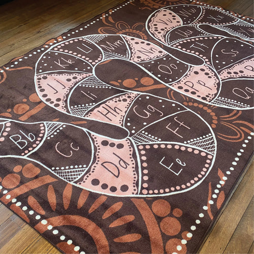 Alphabet Earth Serpent Dreaming classroom rug — Aboriginal art alphabet rug combining Rainbow Serpent Dreamtime with literacy for Australian classrooms