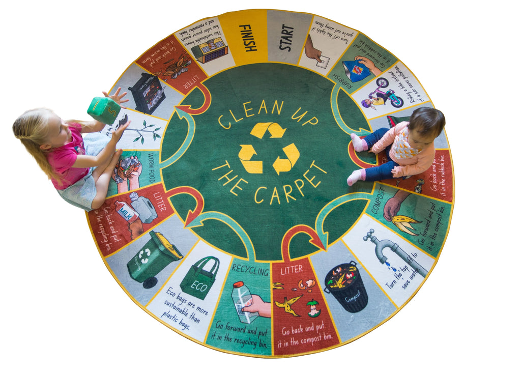 Clean up the Carpet with soft Dice — Australian-made recycling-themed classroom rug game for early learning