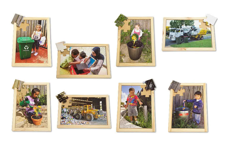 Recycling Puzzle Set with FREE Posters 8 Puzzles — Australian-made wooden recycling puzzles for classrooms