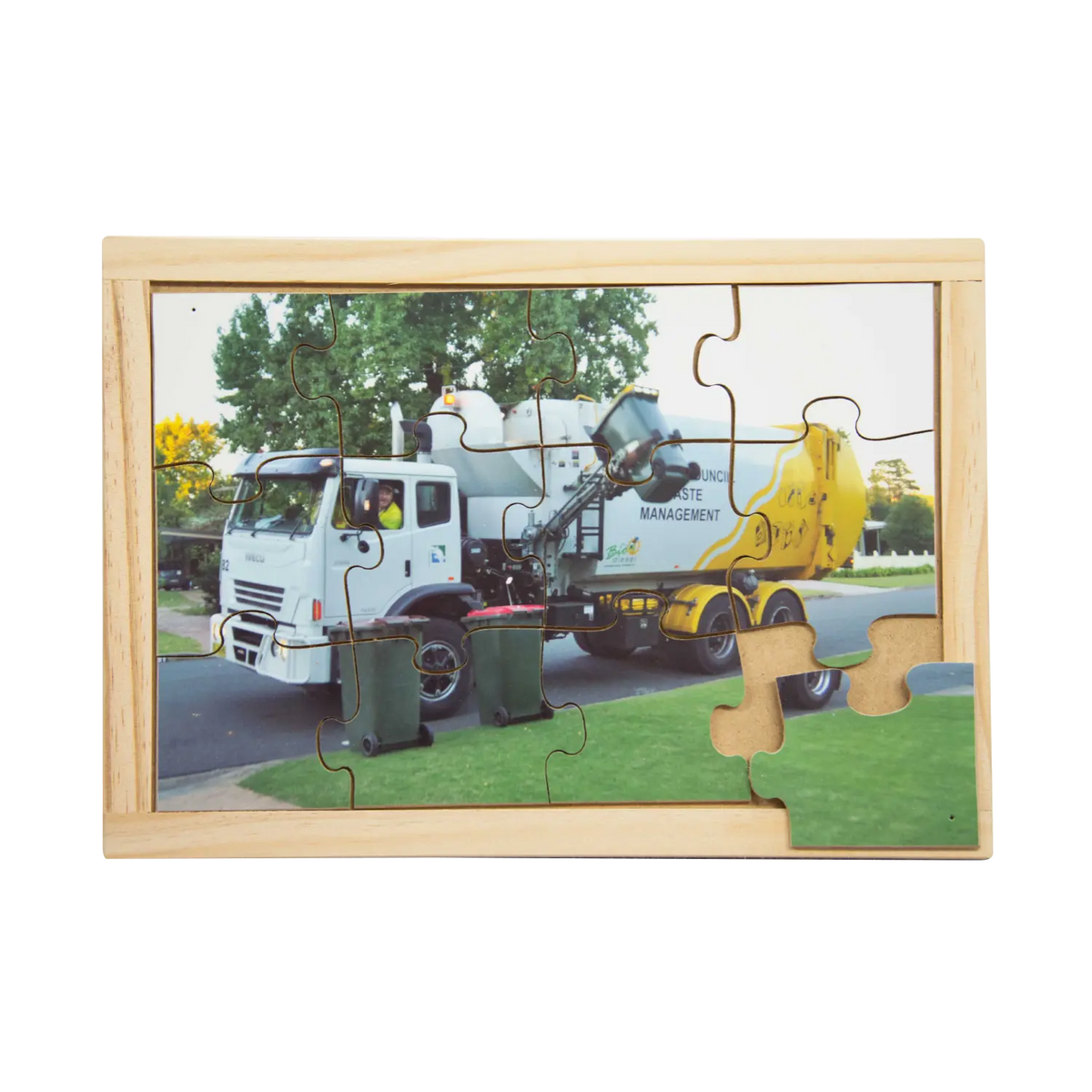 Recycling Truck Puzzle — hand-painted wooden jigsaw puzzle — Australian-made sustainability learning resource