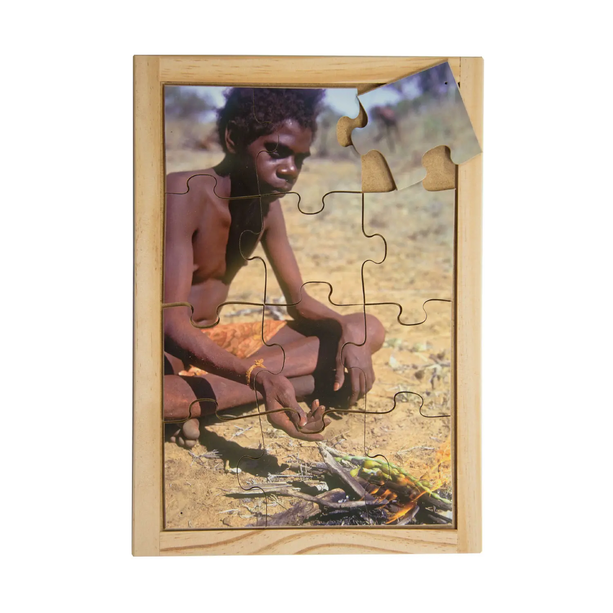 Roasting Bush Beans Puzzle — hand-painted wooden Indigenous jigsaw puzzle — Australian-made early learning, ages 3+