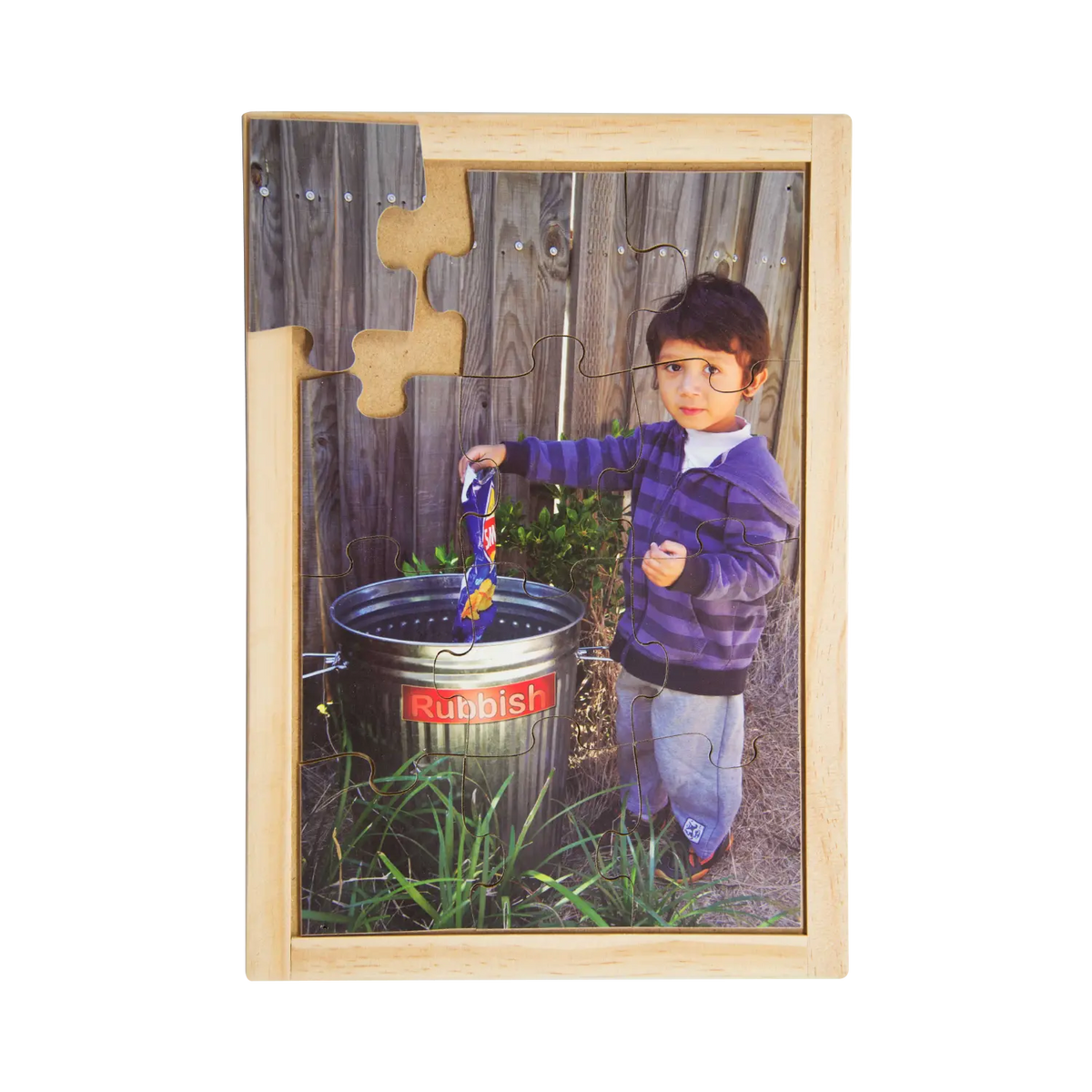 Rubbish In Bin Puzzle — hand-painted wooden jigsaw puzzle — Australian-made sustainability learning resource