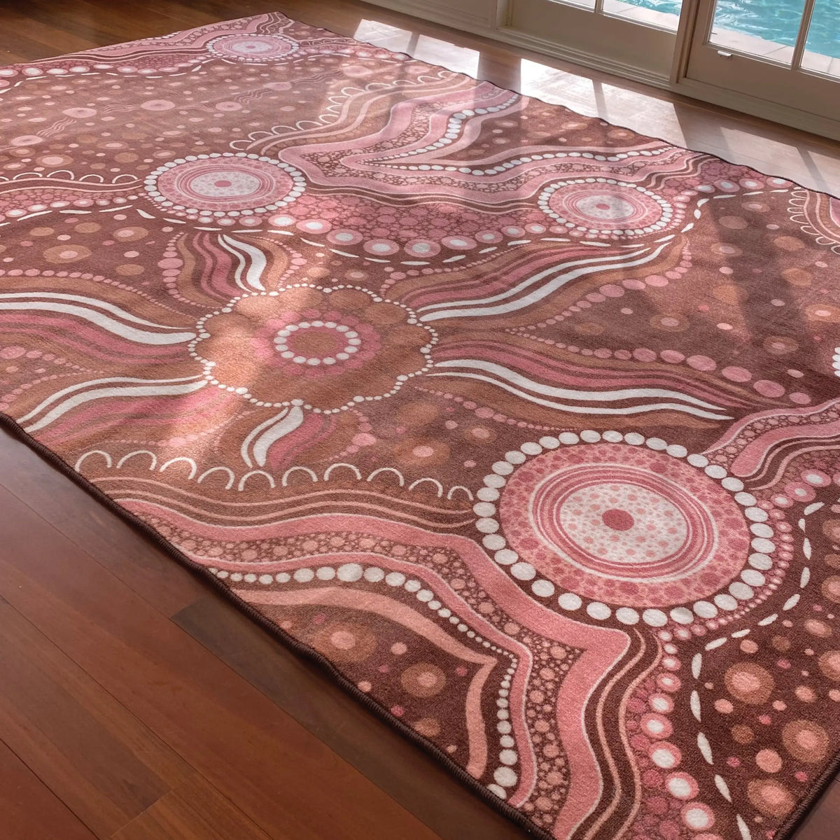 Aboriginal Art Bush Dreaming classroom rug — premium soft pile Indigenous art rug by Kiz Costelloe celebrating bush Country for Australian classrooms
