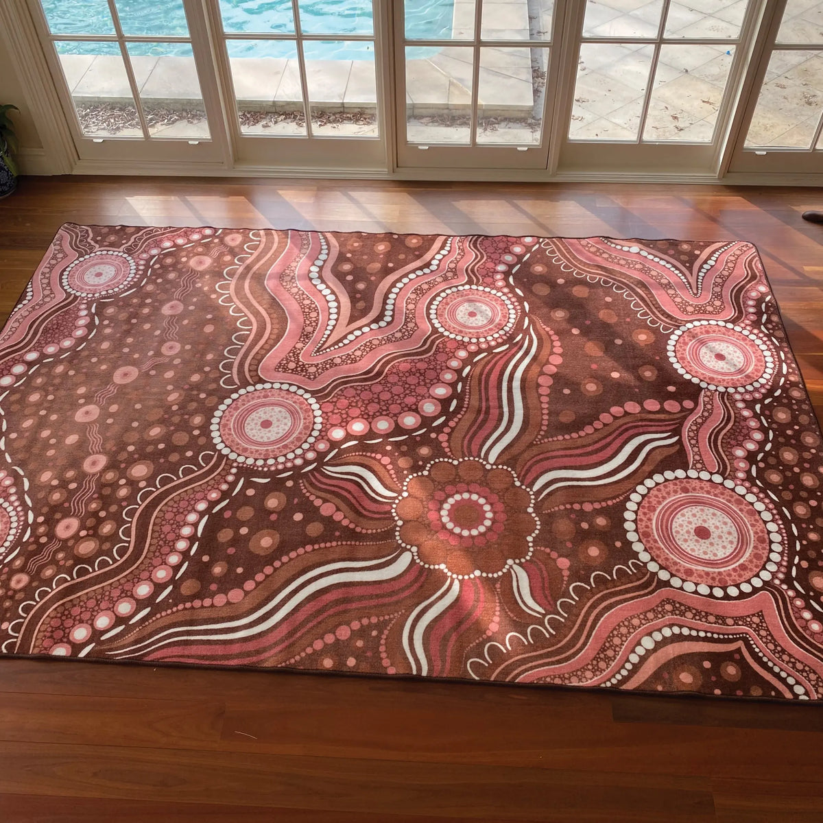 Aboriginal Art Bush Dreaming rug full design view — stunning Aboriginal art classroom rug featuring bush Country Dreamtime design by Kiz Costelloe