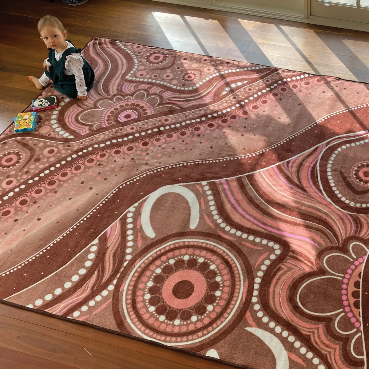 Aboriginal Art Desert Dreaming rug full design view — stunning red desert Dreamtime design Aboriginal art classroom rug by Kiz Costelloe