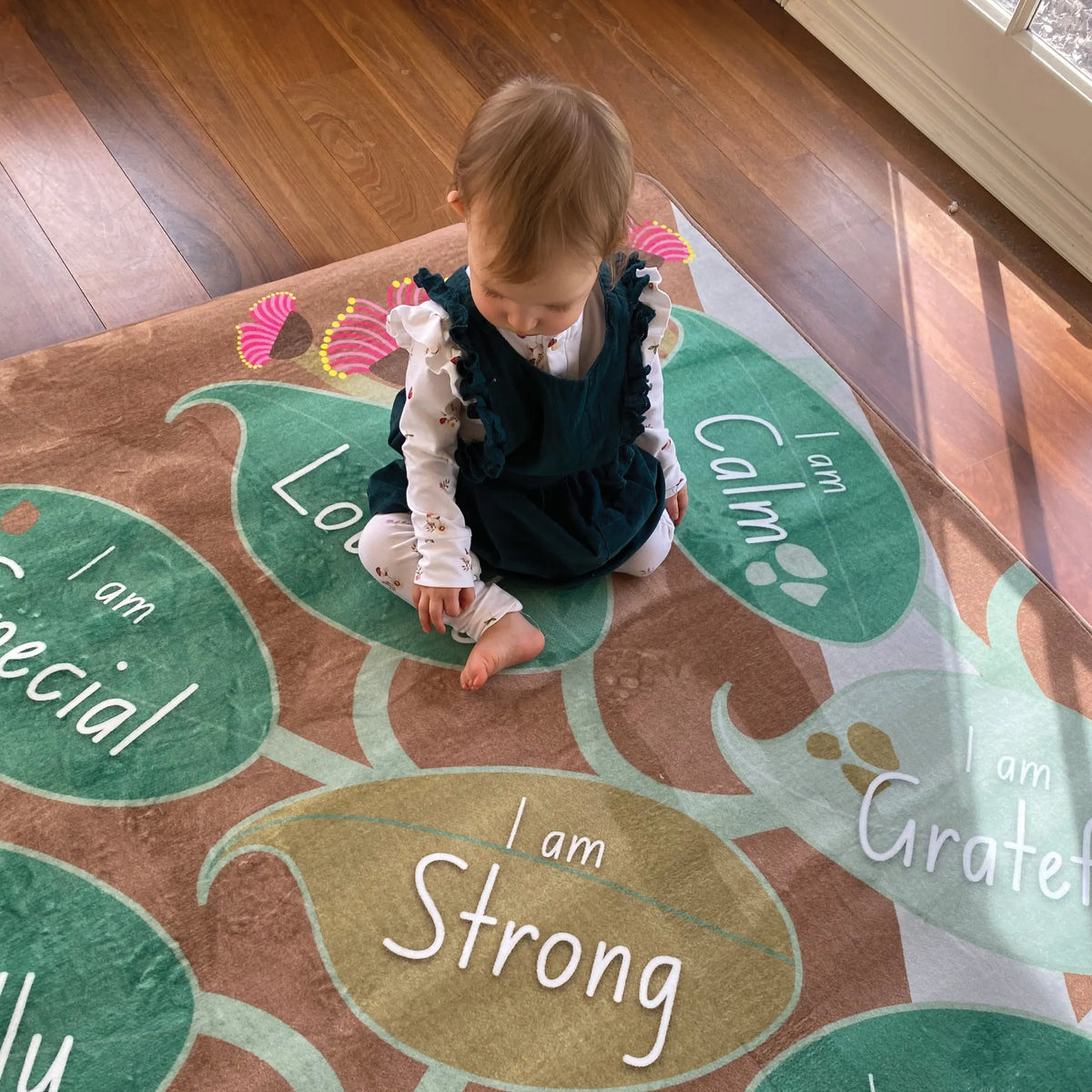 Gumtree Affirmation Rug in classroom setting — children sitting on affirmation rug during morning circle time