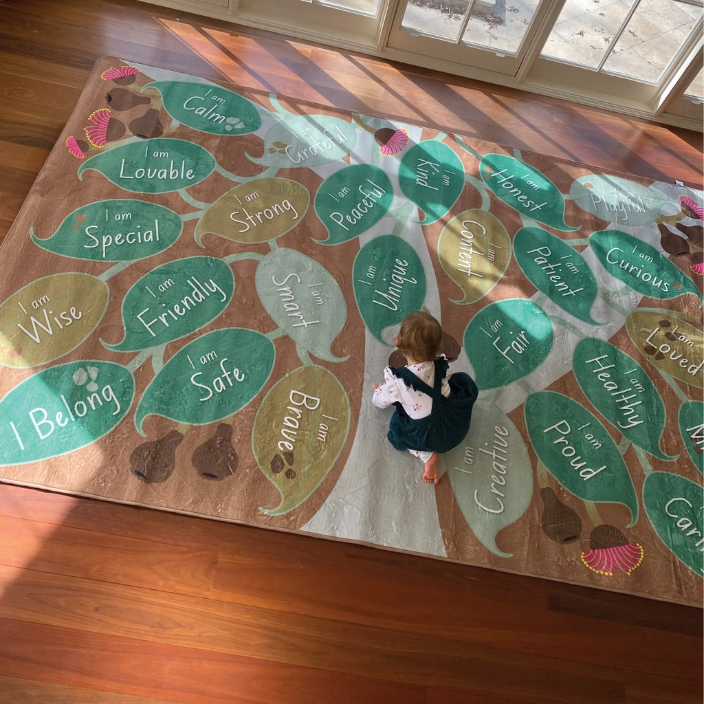 Gumtree Affirmation Rug — Australian gumtree design with positive affirmations woven throughout, soft classroom rug for early childhood wellbeing