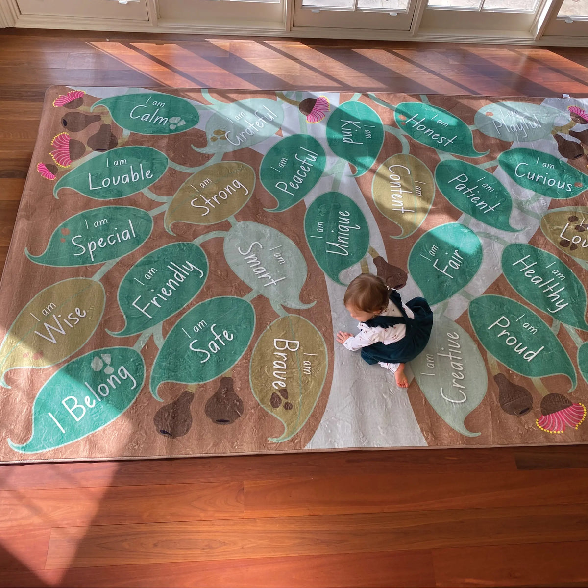 Gumtree Affirmation Rug — close-up of affirmation text and leaf design
