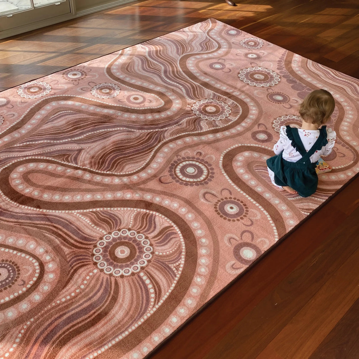 Aboriginal Art River Dreaming classroom rug — premium soft pile Indigenous art rug by Kiz Costelloe celebrating river Country for Australian classrooms
