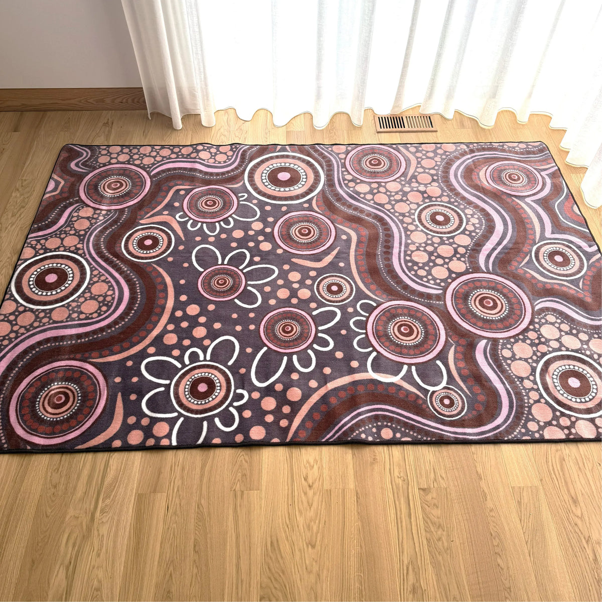 Aboriginal Art Sand Dreaming rug full design view — premium soft pile Indigenous classroom rug by Kiz Costelloe for Australian early childhood