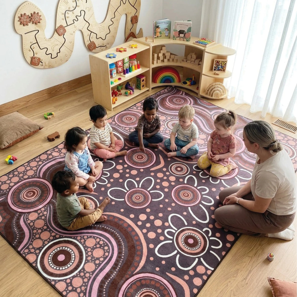 Aboriginal Art Sand Dreaming classroom rug with children and teacher — round Indigenous art rug by Kiz Costelloe celebrating sand drawing traditions