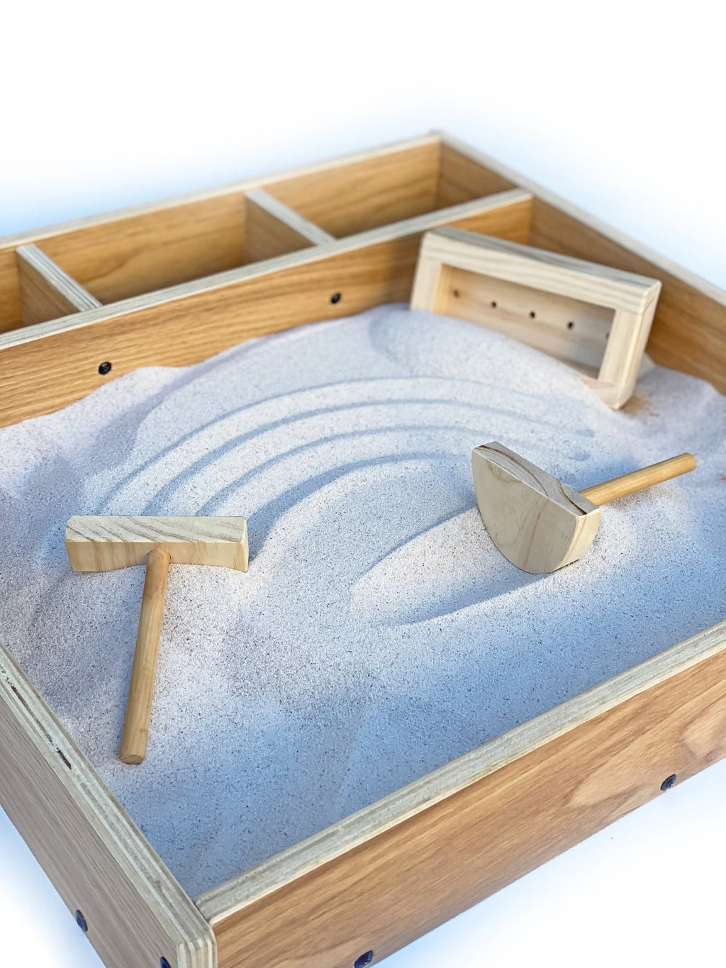 Sand box with screed and 3 tools — in classroom sand play