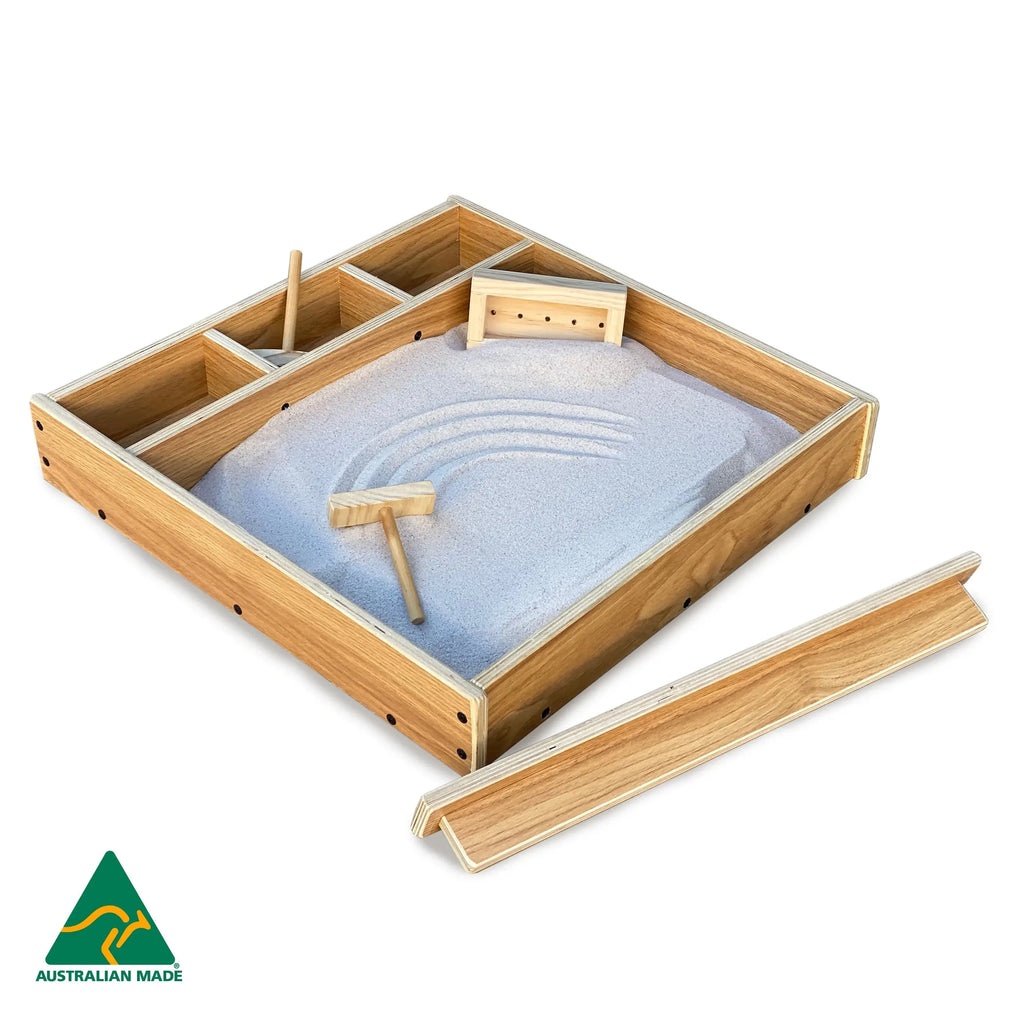 Sand box with screed and 3 tools — wooden sand box with screed and 3 tools for early childhood sand play