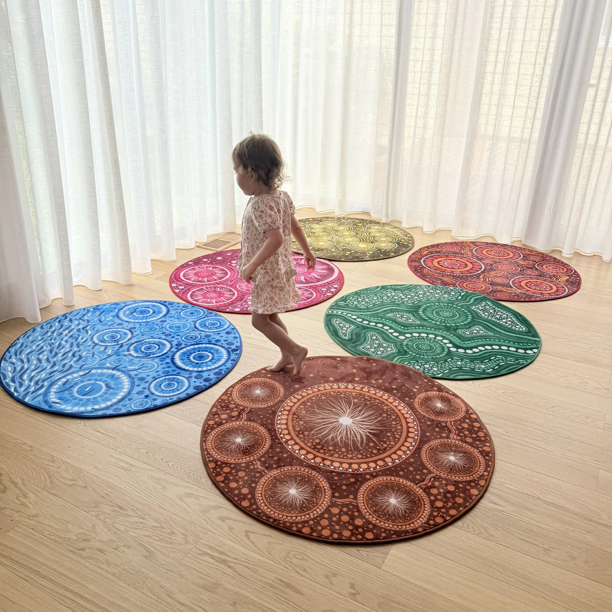 Indigenous Season Rugs Set of 6 — set of 6 Aboriginal art season rugs for early childhood classroom yarning circles