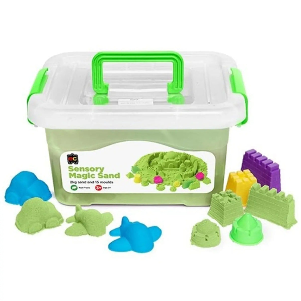 Sensory Magic Sand with Moulds 2kg Tub — Green variant with moulds for early childhood sensory play