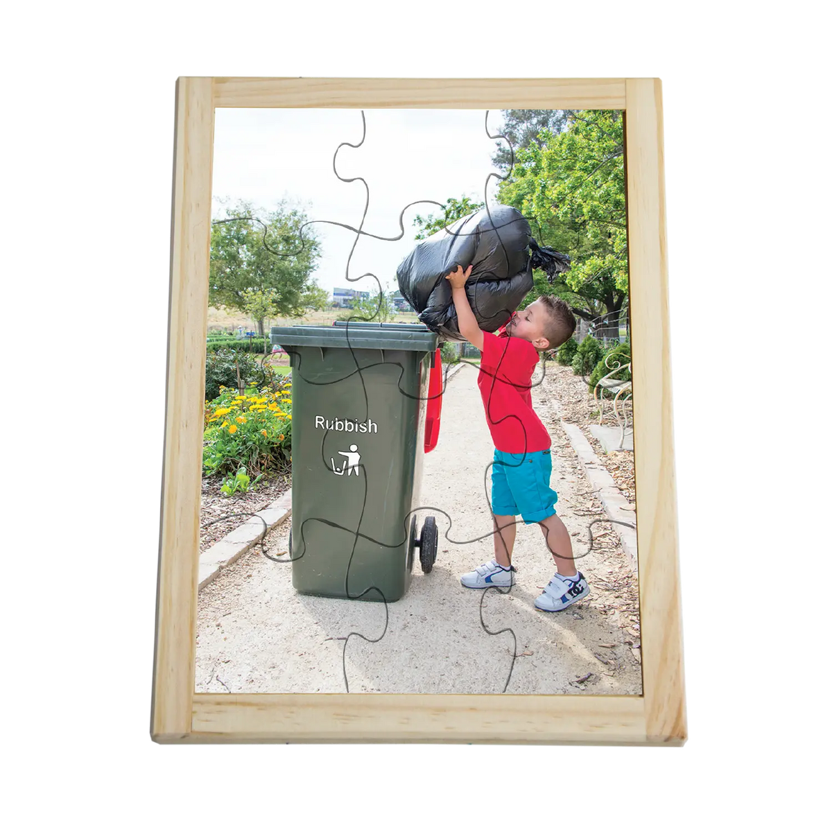 Taking Out the Rubbish Puzzle — hand-painted wooden jigsaw puzzle — Australian-made sustainability resource