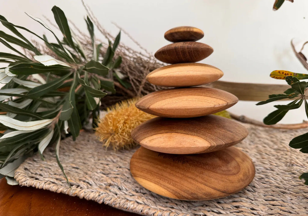 Teak Pebble Stacker — teak wooden pebble stacker for early childhood fine motor activities