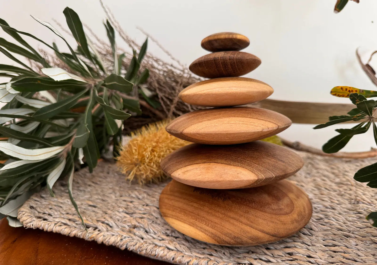 Teak Pebble Stacker — teak wooden pebble stacker for early childhood fine motor activities