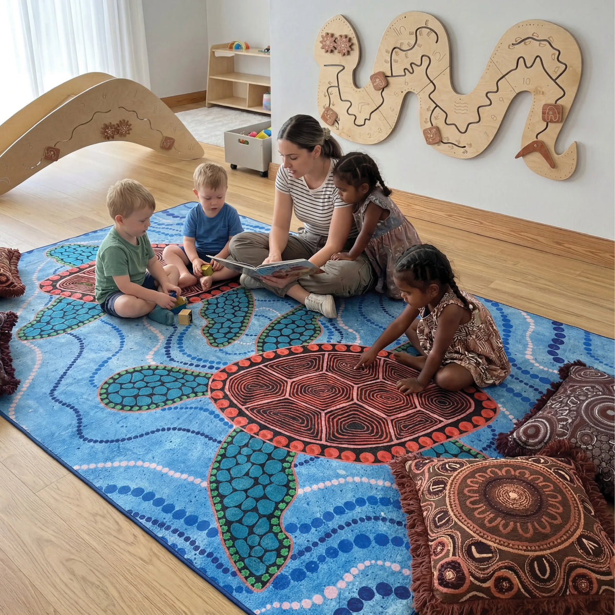 Turtles Dreaming Indigenous classroom rug with children and teacher — Aboriginal art rug by Kiz Costelloe celebrating turtle Dreamtime for classrooms