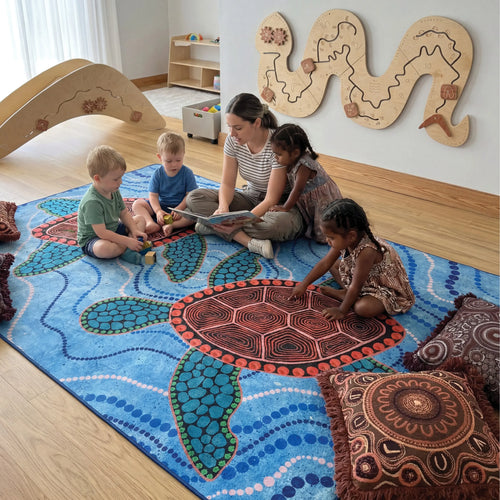 Turtles Dreaming Indigenous classroom rug with children and teacher — Aboriginal art rug by Kiz Costelloe celebrating turtle Dreamtime for classrooms