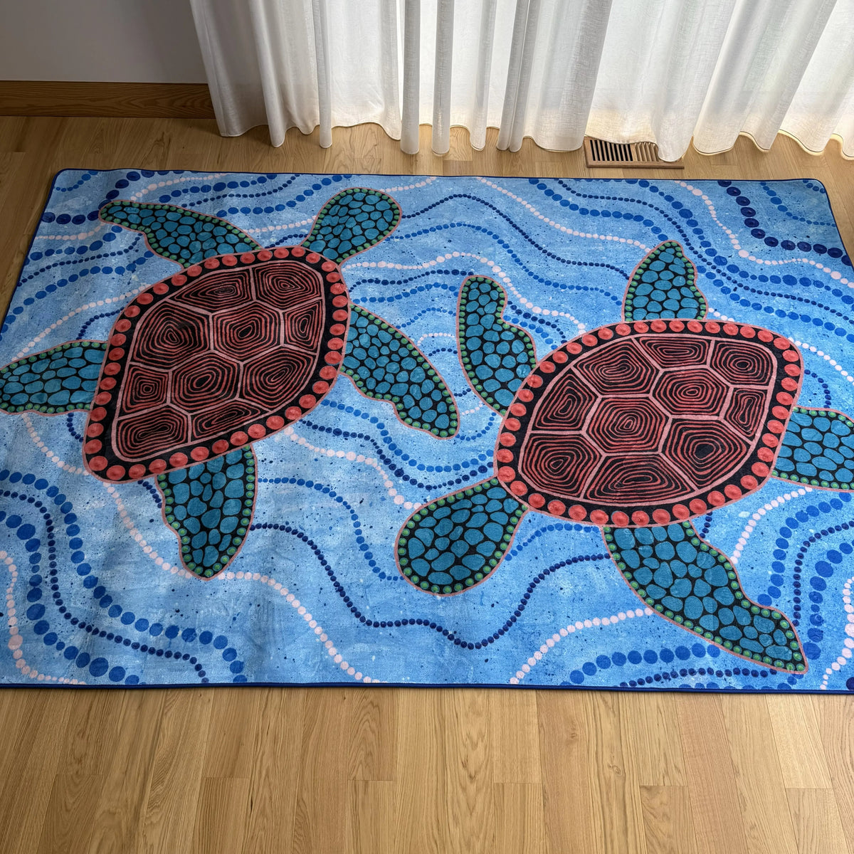 Turtles Dreaming Indigenous rug full design view — premium soft pile Aboriginal art classroom rug featuring sacred turtle Dreamtime design