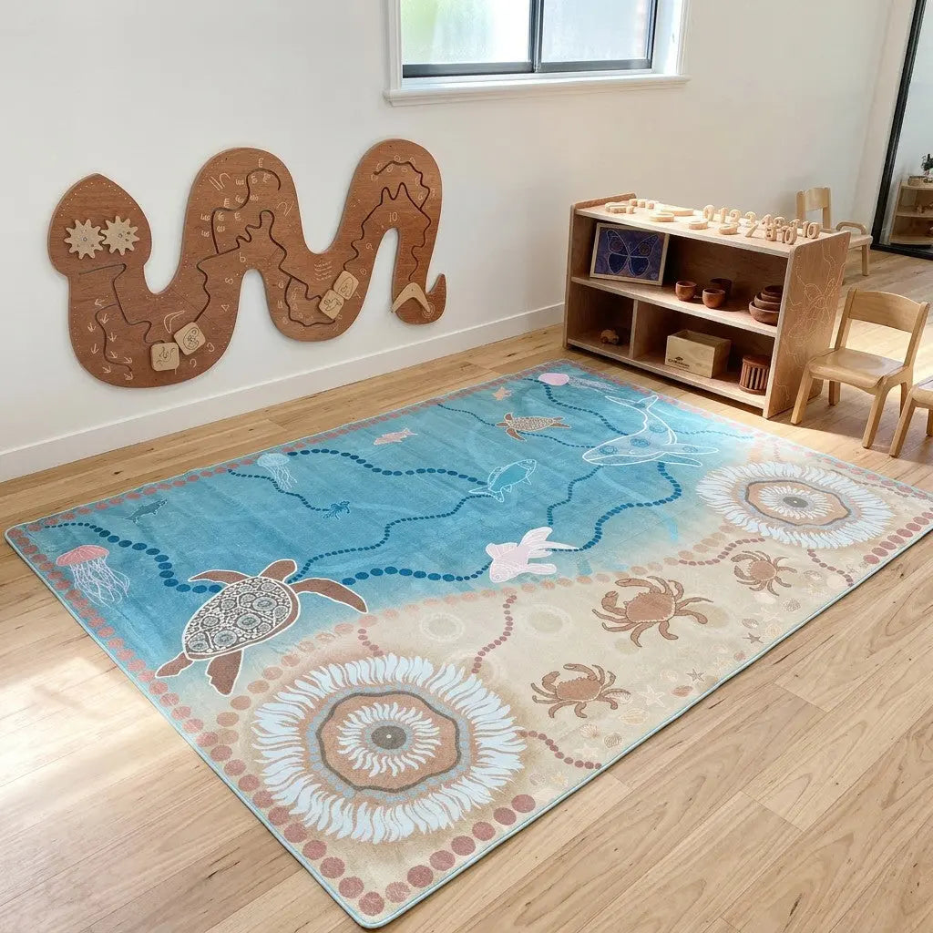 Under the Sea Dreaming Indigenous Rug — classroom view of Aboriginal art marine rug in use